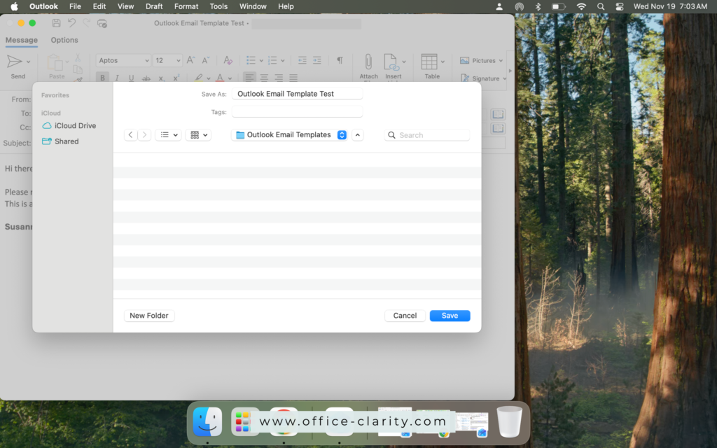 select your folder for saving your outlook template
