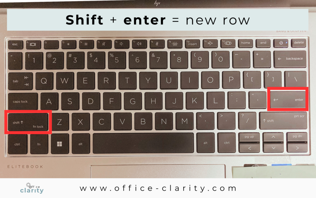 keyboard shortcut new row in cell